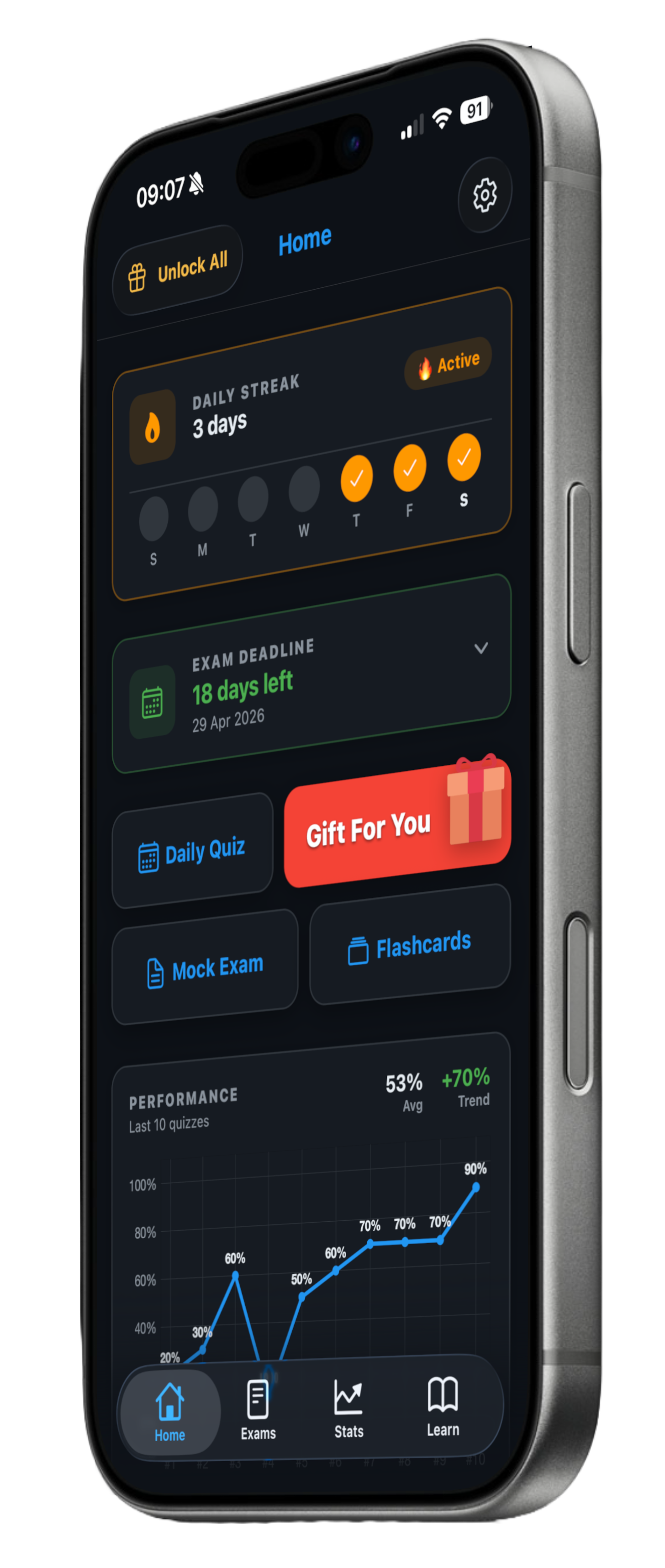 CIC Prep home screen showing a study streak, exam countdown, daily quiz, mock exam and flashcards